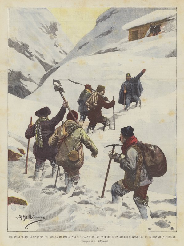 Um pato Carabinieri preso por neve e salvo pelo pároco e alguns bravos em Boissano (Albenga) de Achille Beltrame