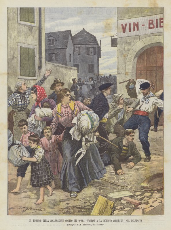 Um episódio de levantamento contra os trabalhadores italianos em La Motte-DAveillans no Dauphiné de Achille Beltrame