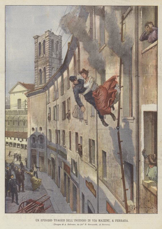 Um Episódio Trágico de Fogo na Via Mazzini, em Ferrara de Achille Beltrame