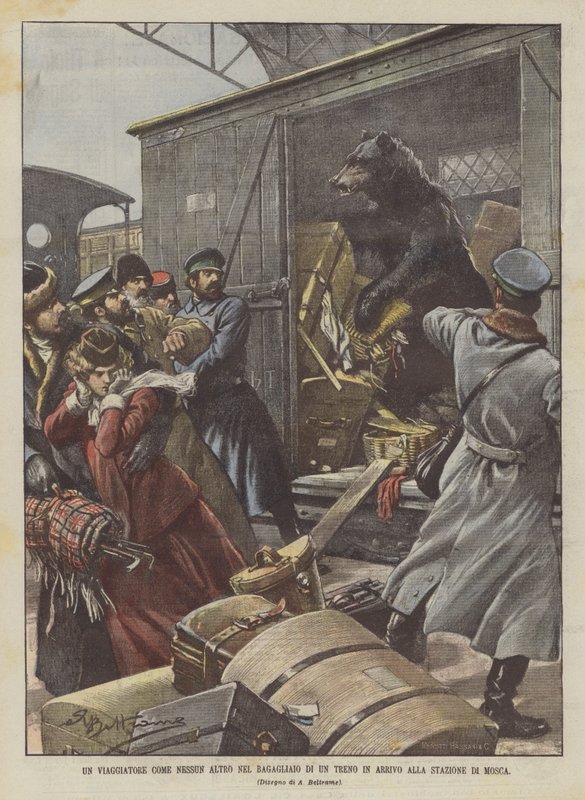 Um viajante como nenhum outro no tronco de um trem de chegada na estação de Moscou de Achille Beltrame