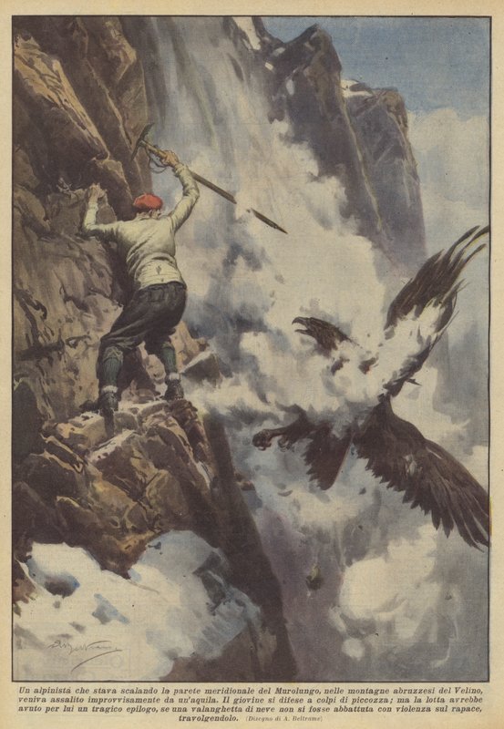 Um alpinista que estava escalando a parede sul do Murolungo, nas montanhas de Abruzzo do de Achille Beltrame