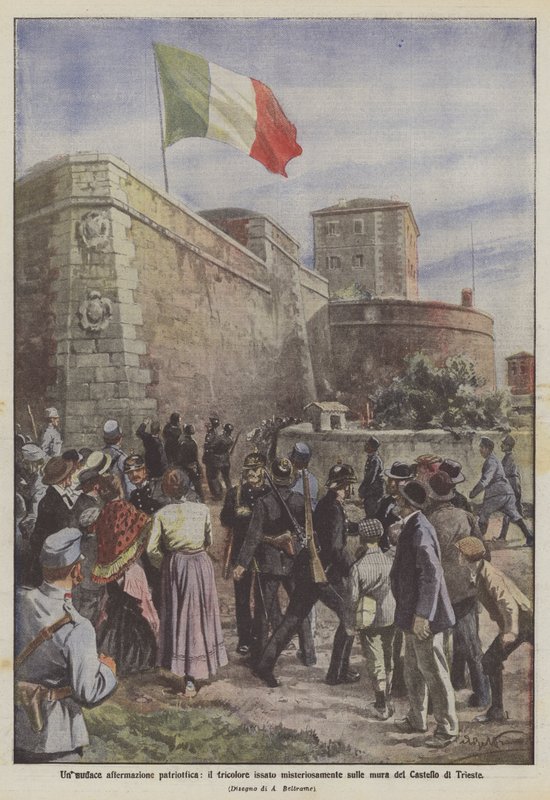 Uma ousada afirmação patriótica, o tricolor misteriosamente içado nas paredes do Castelo de Trieste de Achille Beltrame