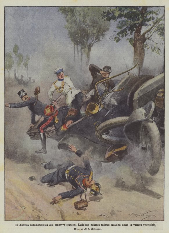 Um desastre de carro nas manobras francesas, o militar alemão Laden subjugado sob o carro capotado de Achille Beltrame