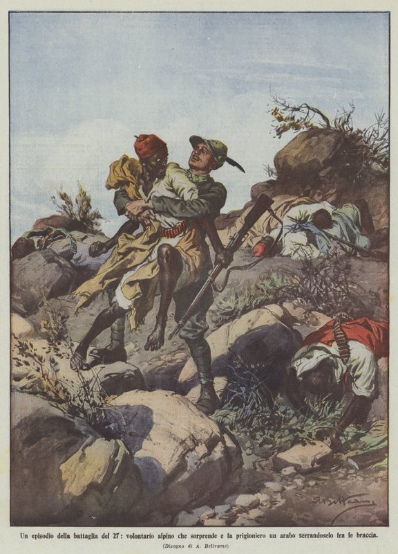 Um episódio da 27ª batalha, um voluntário alpino que surpreende e leva um prisioneiro árabe de Achille Beltrame