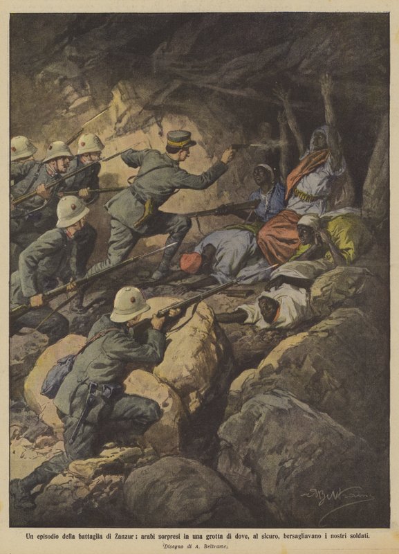 Um episódio da batalha de Zanzur, os árabes surpreenderam em uma caverna onde, salvo de Achille Beltrame