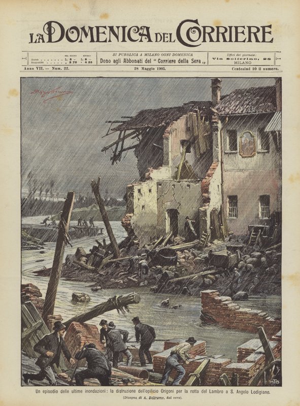 Um episódio das últimas inundações, a destruição do edifício Origoni para a rota Lambro de Achille Beltrame