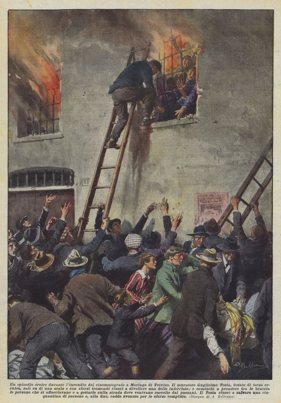 Um episódio heróico durante o incêndio do cinema em Moriago di Treviso de Achille Beltrame