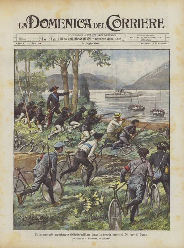 Um interessante experimento ciclístico-militar ao longo do lado de Brescia do Lago Garda de Achille Beltrame
