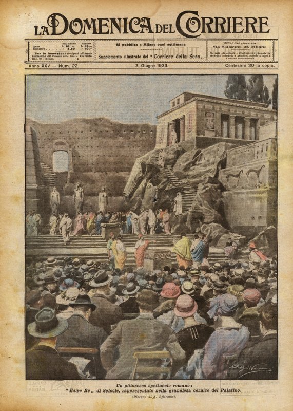 Um espetáculo romano pitoresco, Édipo Rei de Sófocles, retratado no grandioso cenário do Monte Palatino de Achille Beltrame