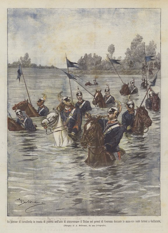 Um pelotão de cavalaria em uma propriedade de guerra no ato de cruzar o Ticino próximo de Achille Beltrame