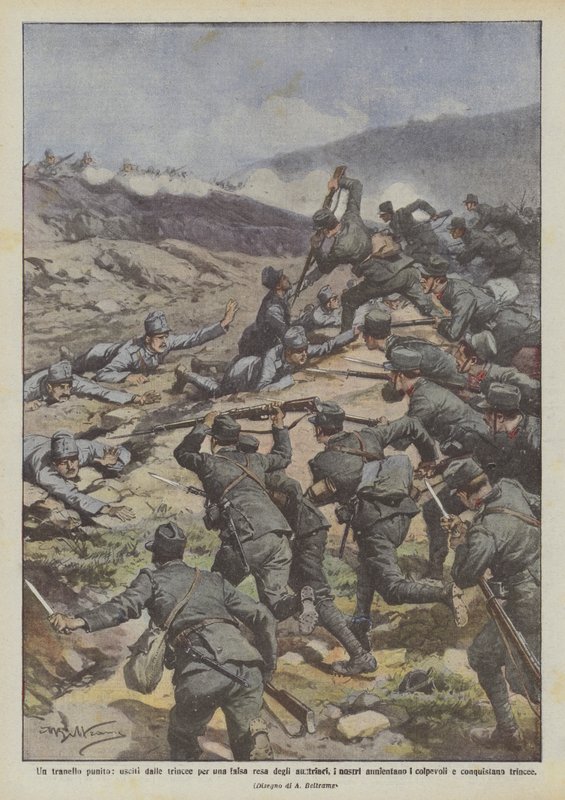 Uma armadilha punida, fora das trincheiras por uma falsa rendição dos austríacos, nosso aunienfano de Achille Beltrame