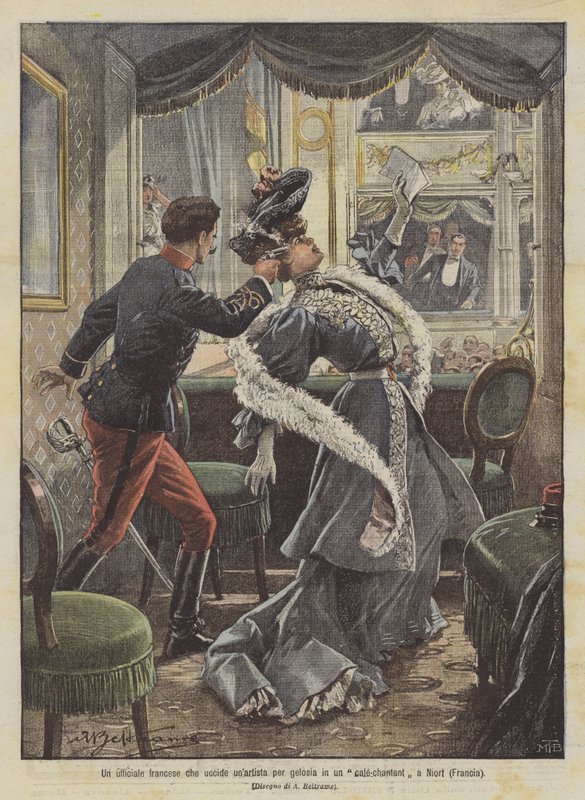 Um oficial francês engana um artista amador por ciúmes em um café-chantant em Niort (França) de Achille Beltrame