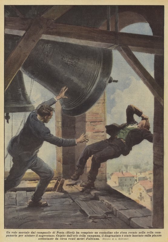 Um vôo mortal da torre do sino de Posta (Rieti) fez um camponês que a noite trouxe de Achille Beltrame