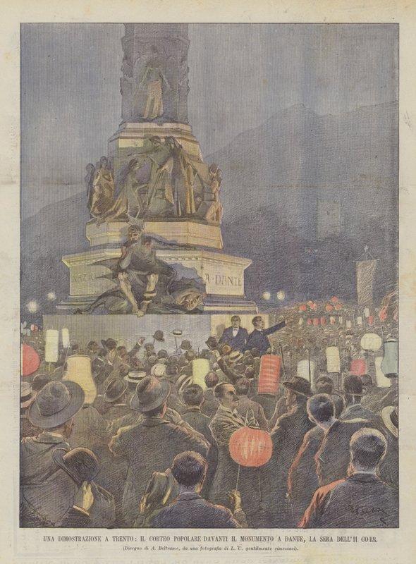 Uma Demonstração Em Trento, A Procissão Popular Na Frente Do Monumento A Dante, A Noite De Dell Corr de Achille Beltrame