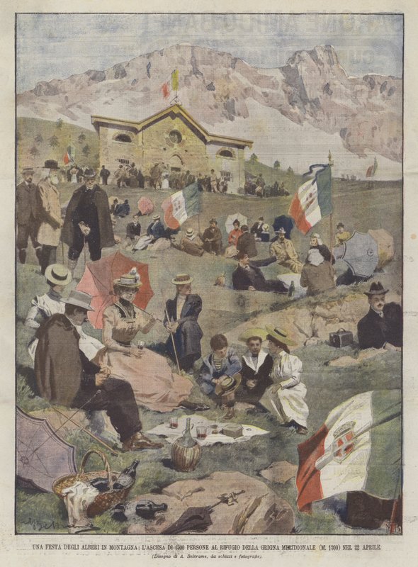 Um Festival de Árvores nas Montanhas, a ascensão de 1500 pessoas no Rifugio della Grigna Meridionale de Achille Beltrame