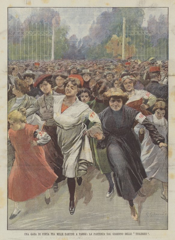 Uma corrida de corrida entre Mille Sartine em Paris, a partida do jardim das Tulherias de Achille Beltrame