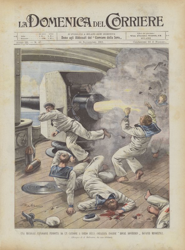 Uma explosão mortal produzida por um canhão a bordo do navio de guerra Royal Sovereign English em frente a Missolonghi de Achille Beltrame