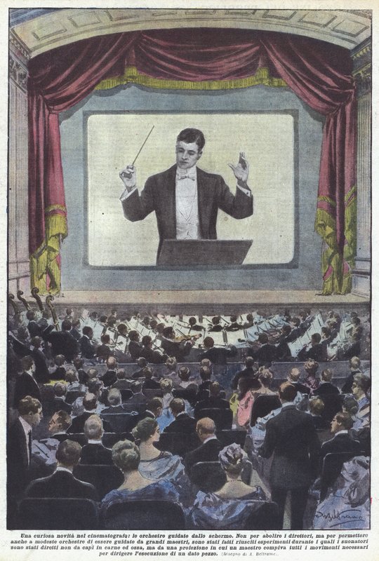 Uma novidade curiosa no cinema, as orquestras lideradas pela tela de Achille Beltrame