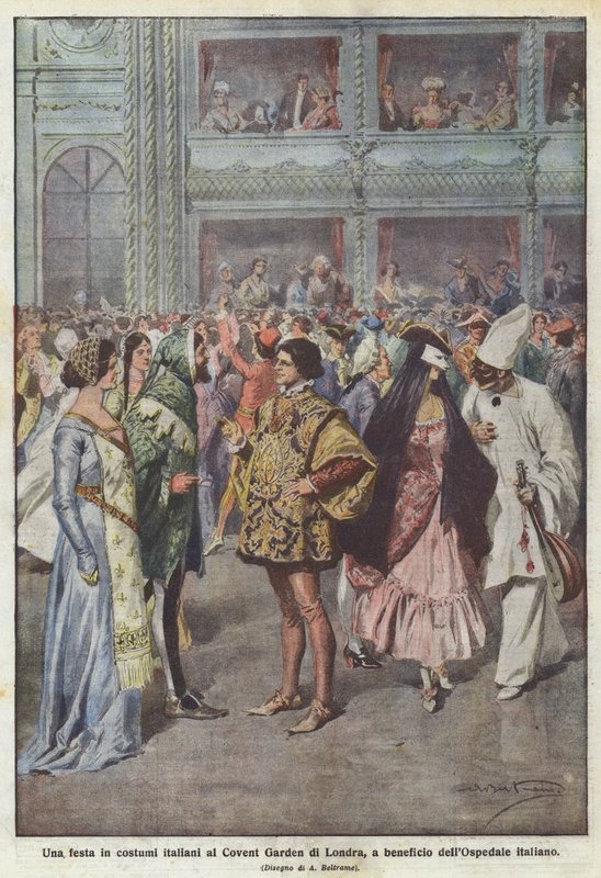 Uma festa em trajes italianos no Covent Garden, em Londres, para o benefício do hospital italiano de Achille Beltrame