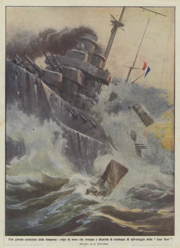 Um grande navio de guerra na tempestade, um golpe do mar rasgando e dispersando os barcos de Achille Beltrame