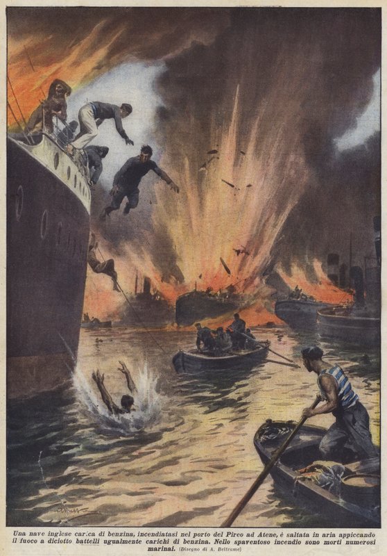 Um navio britânico carregado de gasolina queimou no porto de Pireu, em Atenas, e saltou para o ar de Achille Beltrame