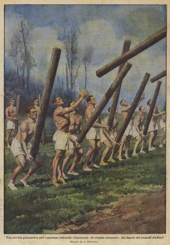 Uma nova ginástica para os marinheiros alemães, o exercício - de origem escocesa - o lançamento dos troncos das árvores de Achille Beltrame