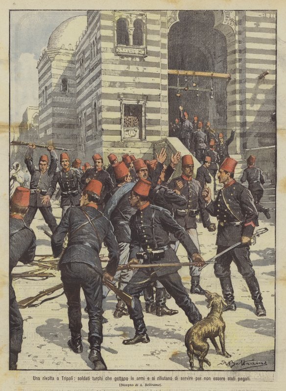 Uma revolta em Trípoli, soldados turcos que jogam suas armas e se recusam a servir para não serem pagos de Achille Beltrame