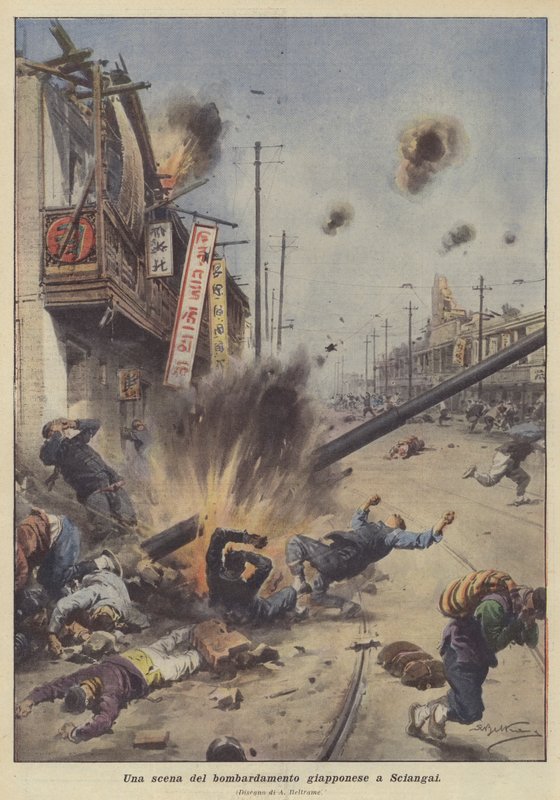 Uma cena de bombardeio japonês em Xangai de Achille Beltrame