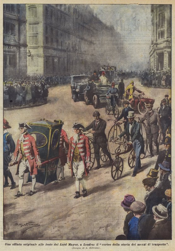 Um desfile original nas festas do Lord Mayor, em Londres, a procissão da história dos meios de transporte de Achille Beltrame