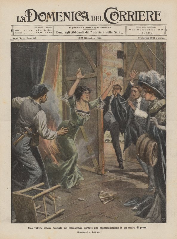 Uma atriz talentosa queimou no palco durante uma performance em um teatro de drama de Achille Beltrame
