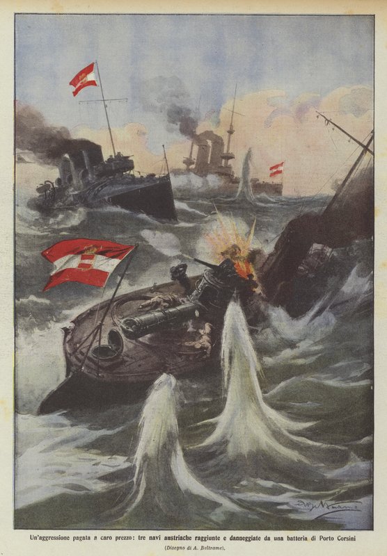 Unaggression pago por um preço elevado, três navios austríacos atingidos e danificados por uma bateria de Porto Corsini de Achille Beltrame
