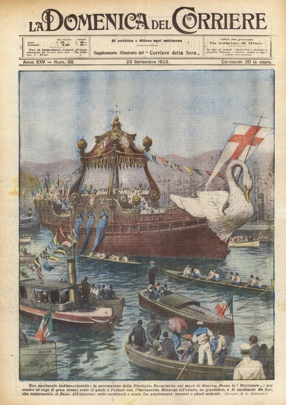 Um espetáculo inesquecível, a procissão da Flotilha Eucarística no mar de Gênova de Achille Beltrame