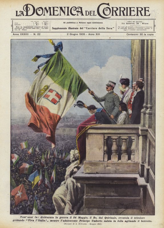 Vinte anos atrás, declarou a guerra em 24 de maio, o rei, do Quirinale, acena o tricolor de Achille Beltrame