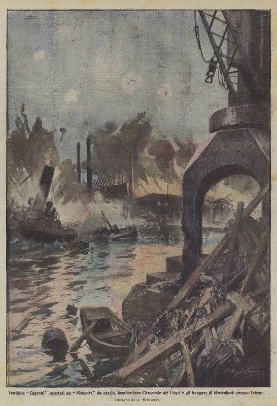 Vinte e dois Caproni, escoltados por caçar Nieuport, bombardearam o Arsenal de Lloyd e os hangares de Achille Beltrame