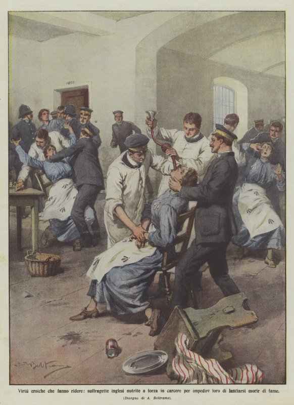 Virtudes heróicas que fazem você rir, suffragettes ingleses alimentados com força na prisão para impedi-los de Achille Beltrame