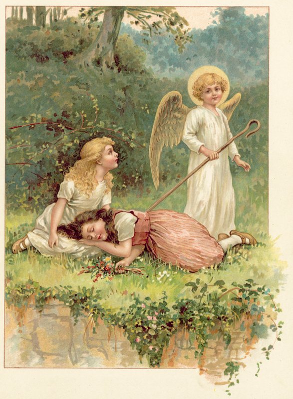 Branca de Neve, Rosa Vermelha e o Anjo (cromolito) de Ada Dennis