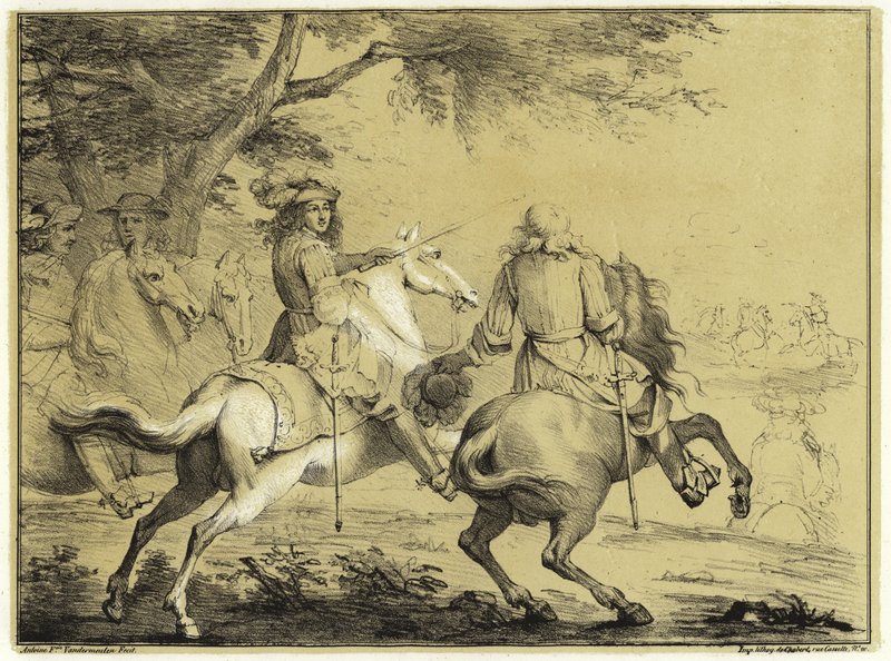 Rei Luís XIV na derrota do exército espanhol perto do Canal de Bruges em 1667 de Adam Frans van der Meulen