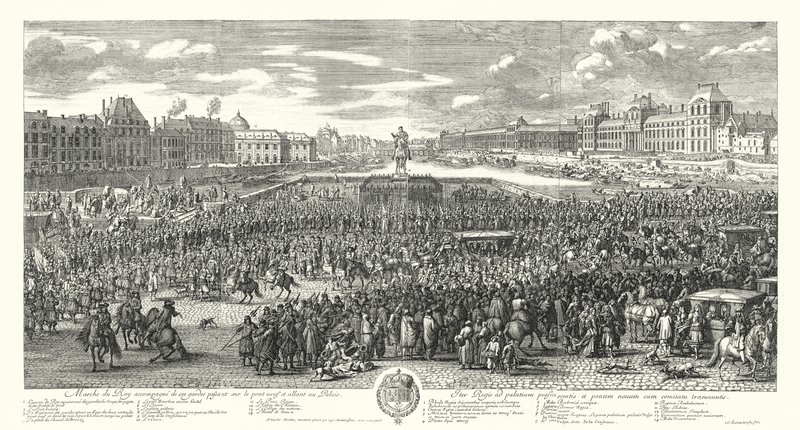 Luís XIV da França e a sua guarda atravessando o Pont-Neuf em Paris a caminho do Palais du Louvre (gravura) de Adam Frans van der Meulen