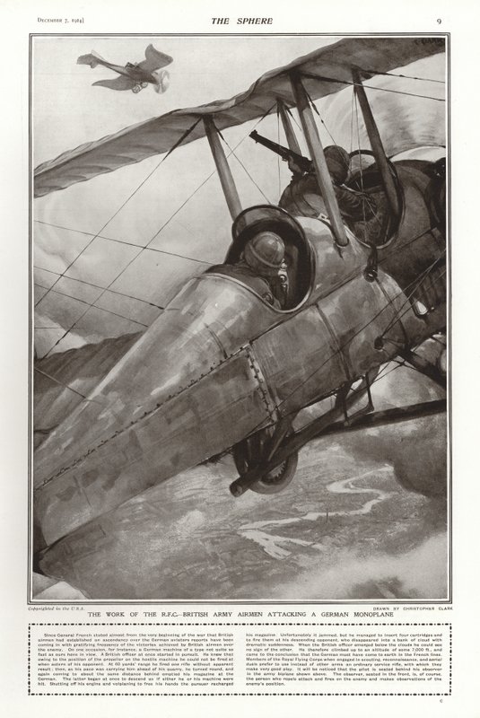 Aviadores do exército britânico da RFC atacando um monoplano alemão, a Primeira Guerra Mundial de Addison Thomas Millar