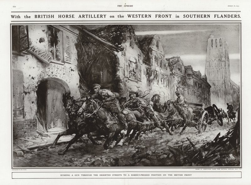Artilharia britânica a cavalo na frente ocidental na Flandres do Sul, Primeira Guerra Mundial de Addison Thomas Millar