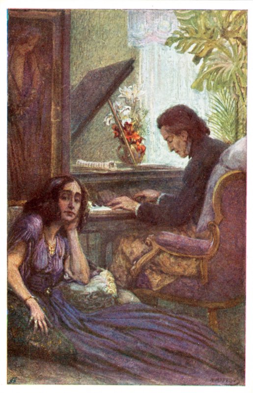 Músico e compositor, Frederic Chopin, com George Sand de Adolf Karpellus (cor litho) de Adolf Karpellus