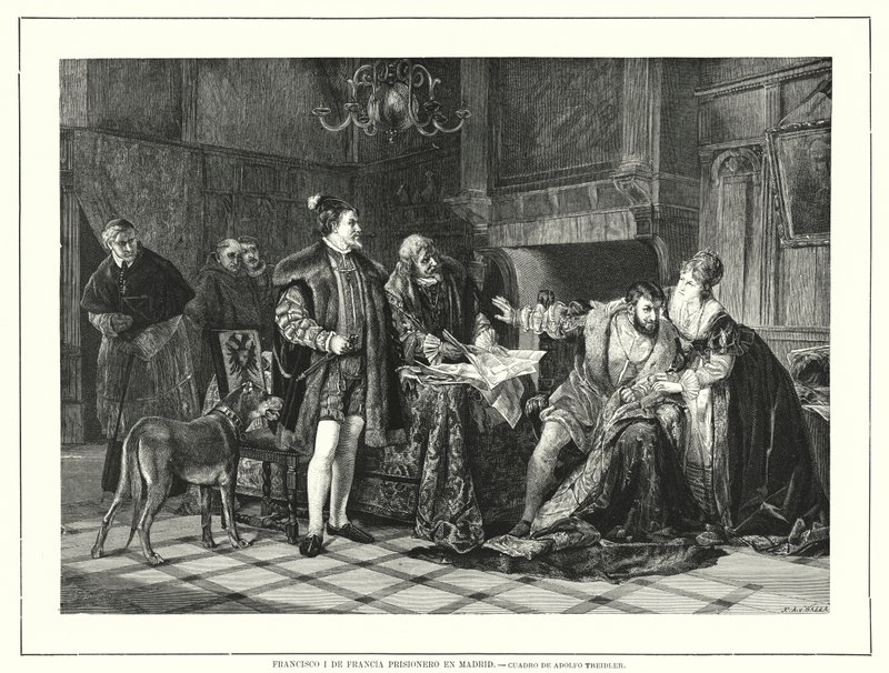 Rei Francisco I da França preso em Milão após a sua derrota na Batalha de Pavia de Adolph (after) Treidler