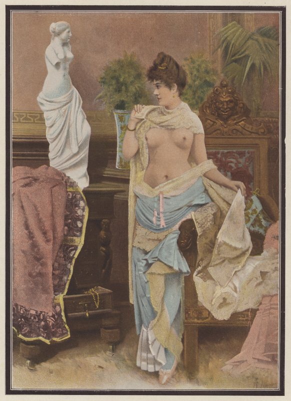 Mulher comparando-se com uma estátua de Vênus de Milo (lito colorido) de Adolphe Frederic Lejeune