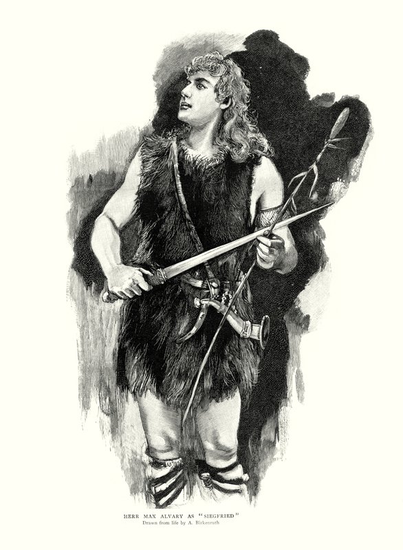 O tenor alemão Max Alvary como Siegfried na ópera Die Walkure, de Richard Wagner, na Royal Opera House, Covent Garden, Londres (litho) de Adolphe Birkenruth