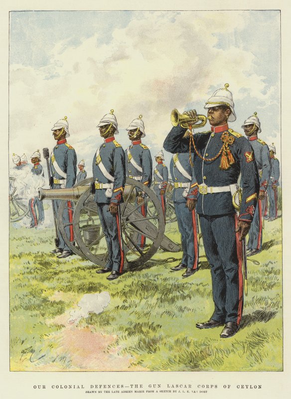 Nossas Defesas Coloniais, o Corpo Lascar de Ceilão (Chromolitho) de Adrien Emmanuel Marie