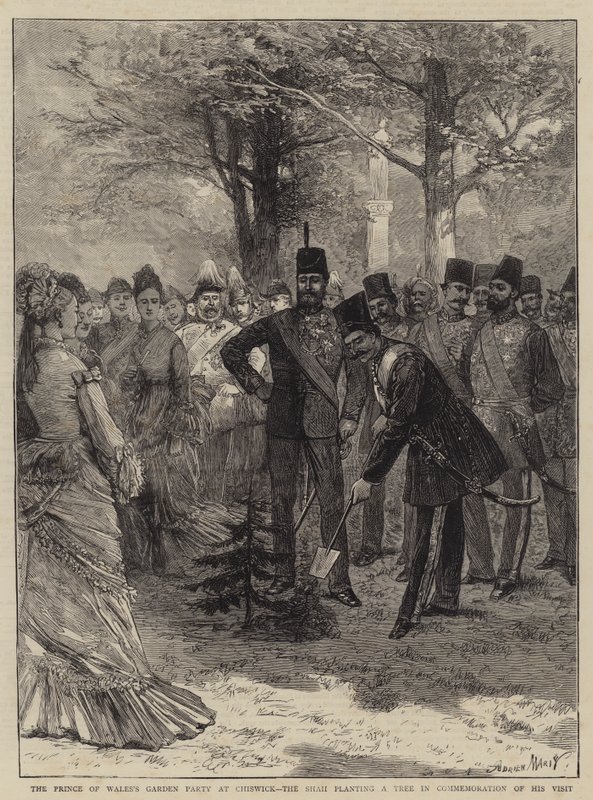 Festa de Jardim do Príncipe de Gales em Chiswick, o Xá plantando uma árvore em comemoração à sua visita de Adrien Emmanuel Marie