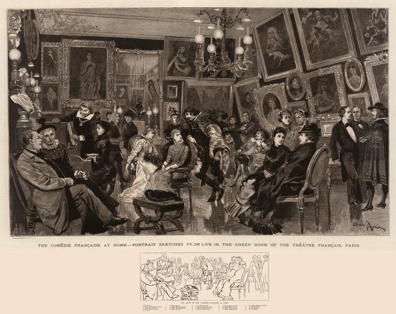 A Comédie Française em casa, retrato esboça da vida na sala verde do teatro Francais, Paris de Adrien Emmanuel Marie