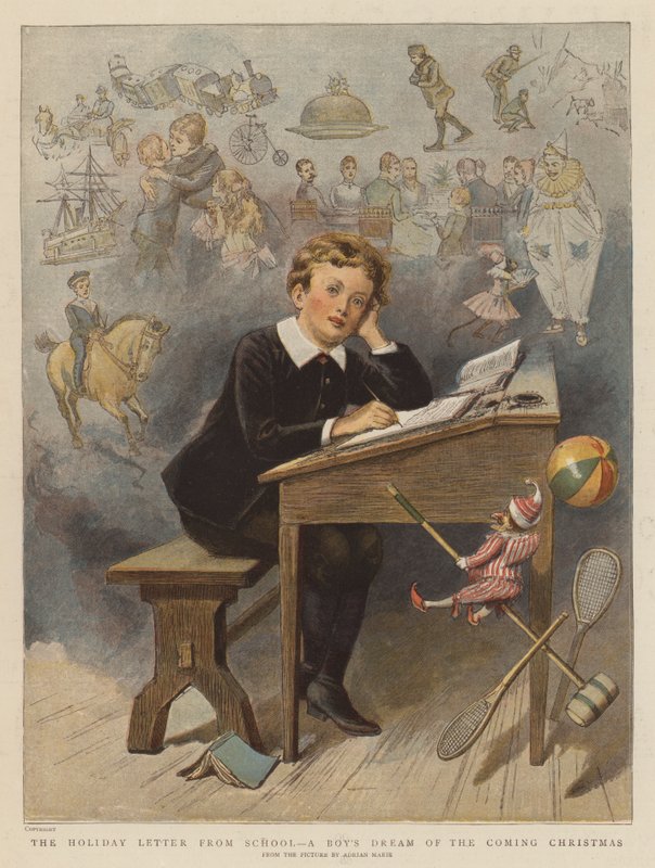 A carta de férias da escola, o sonho de um menino do próximo Natal (chromolitho) de Adrien Emmanuel Marie