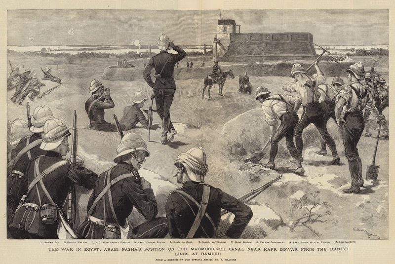 A guerra no Egito, a posição de Arabi Pasha no Canal Mahmoudiyeh perto de Kafr Dowar das linhas britânicas em Ramleh de Adrien Emmanuel Marie