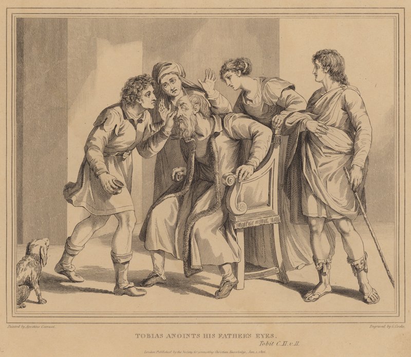 Tobias unge seus olhos de pais, Tobit de Agostino Carracci